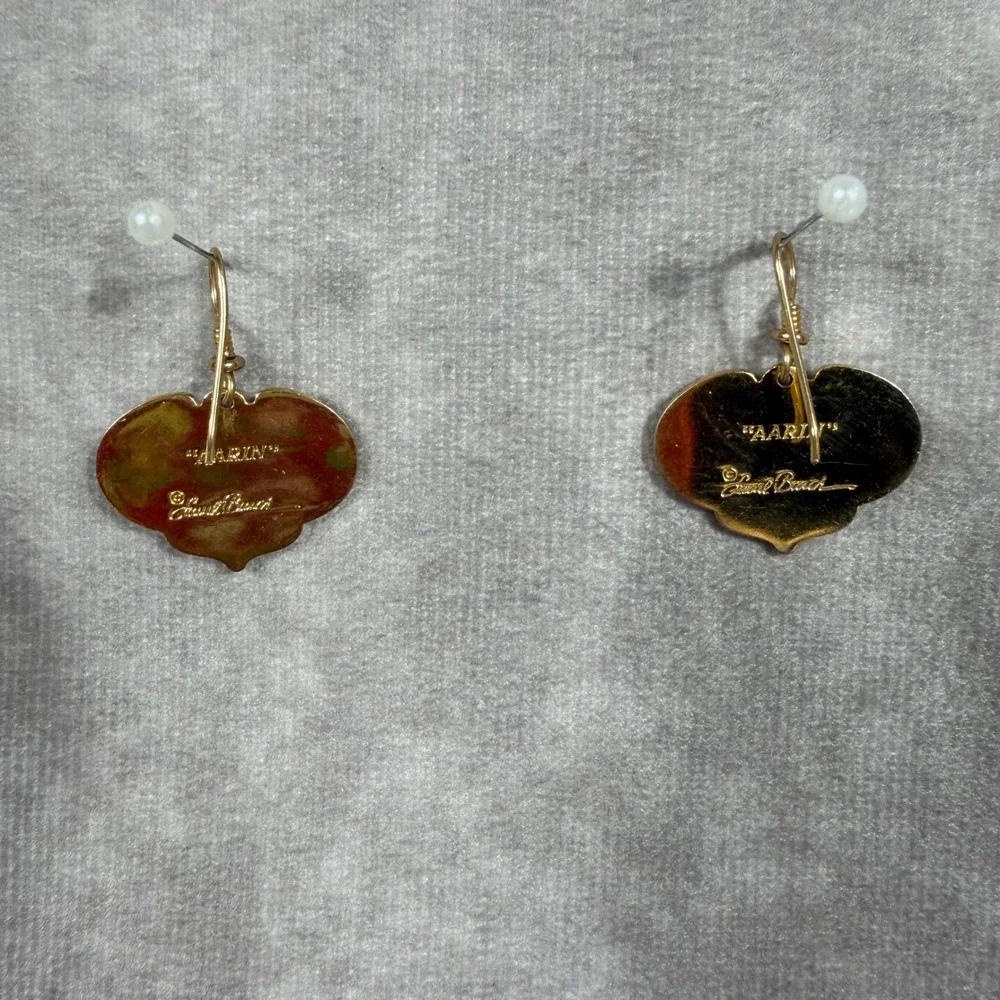 Vtg Laurel Burch Cloisonné Drop Earrings Set Purple Fan & Cream Orchid Gold Tone